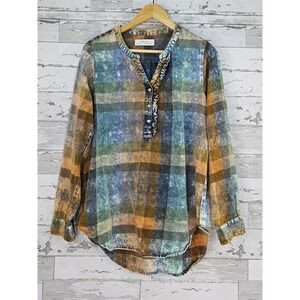 Isabella Sinclair Womens Blue Orange Acid Wash Plaid Ruffle Tunic Top Medium